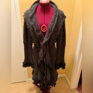 Olivia M long cardigan with knit ruffles and faux fur tuft trim NWOT